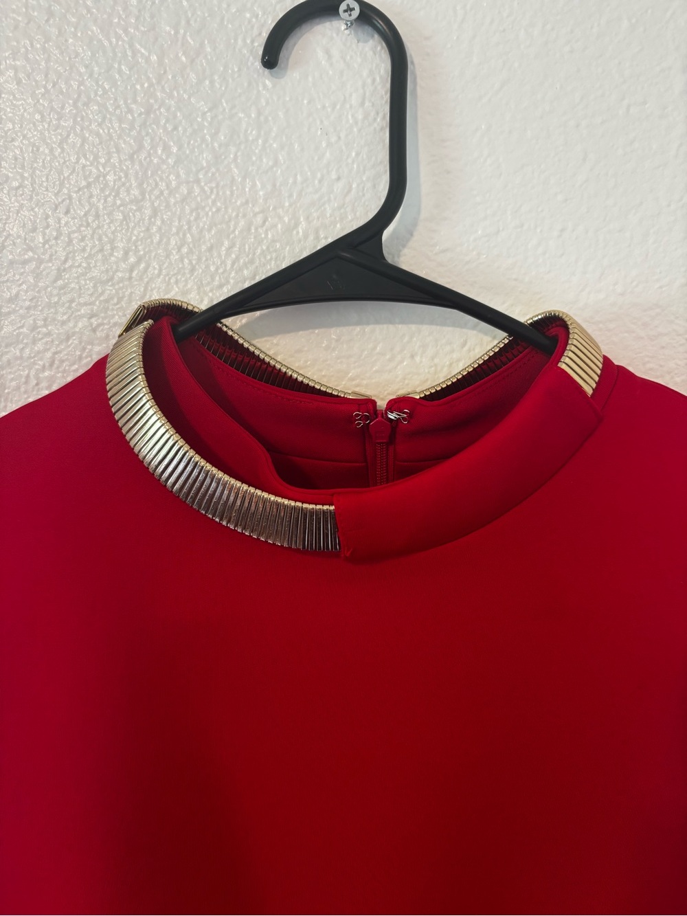 Calvin Klein Red Midi Sheath Dress with Gold Neck Detail - Picture 3 of 4